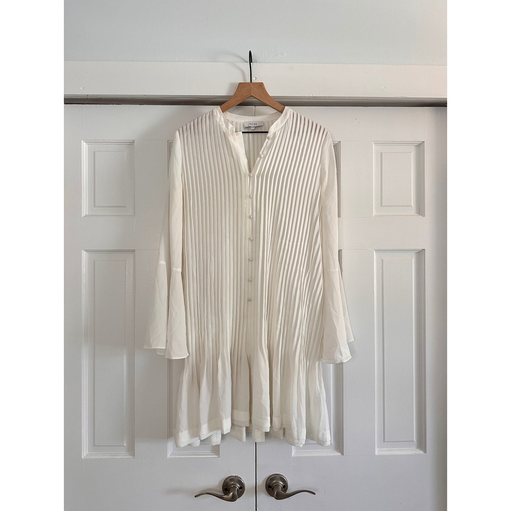 Reiss White Pleated Button Front Mini Dress Bell‎ Sleeve Band Collar Size 4 - Picture 2 of 7